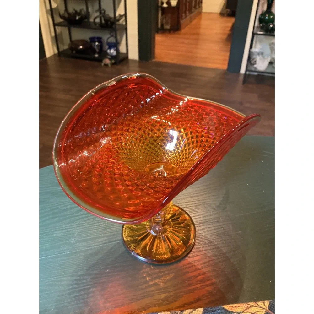 Vintage Jeannette Amberina Glass Pedestal‎ Candy Dish Diamond Point Red Orange